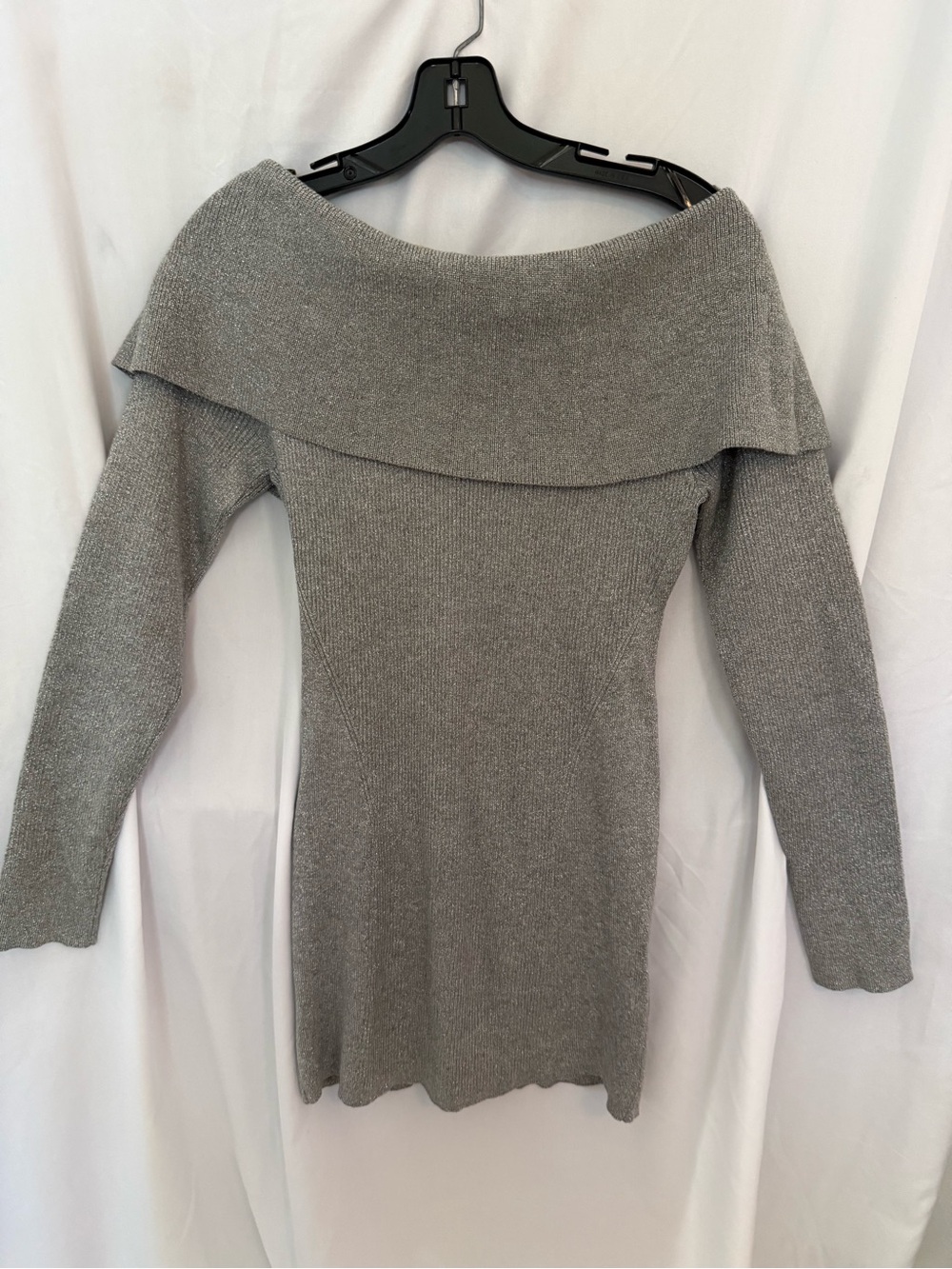 White House Black Market Off-Shoulder Silver Metallic Ribbed Knit Sweater Dress
